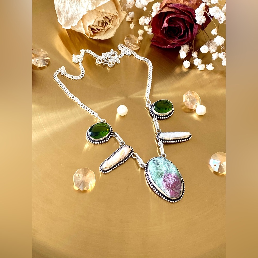 Rough Ruby Zoisite, Biwa Pearl And Peridot Neckla… - image 1